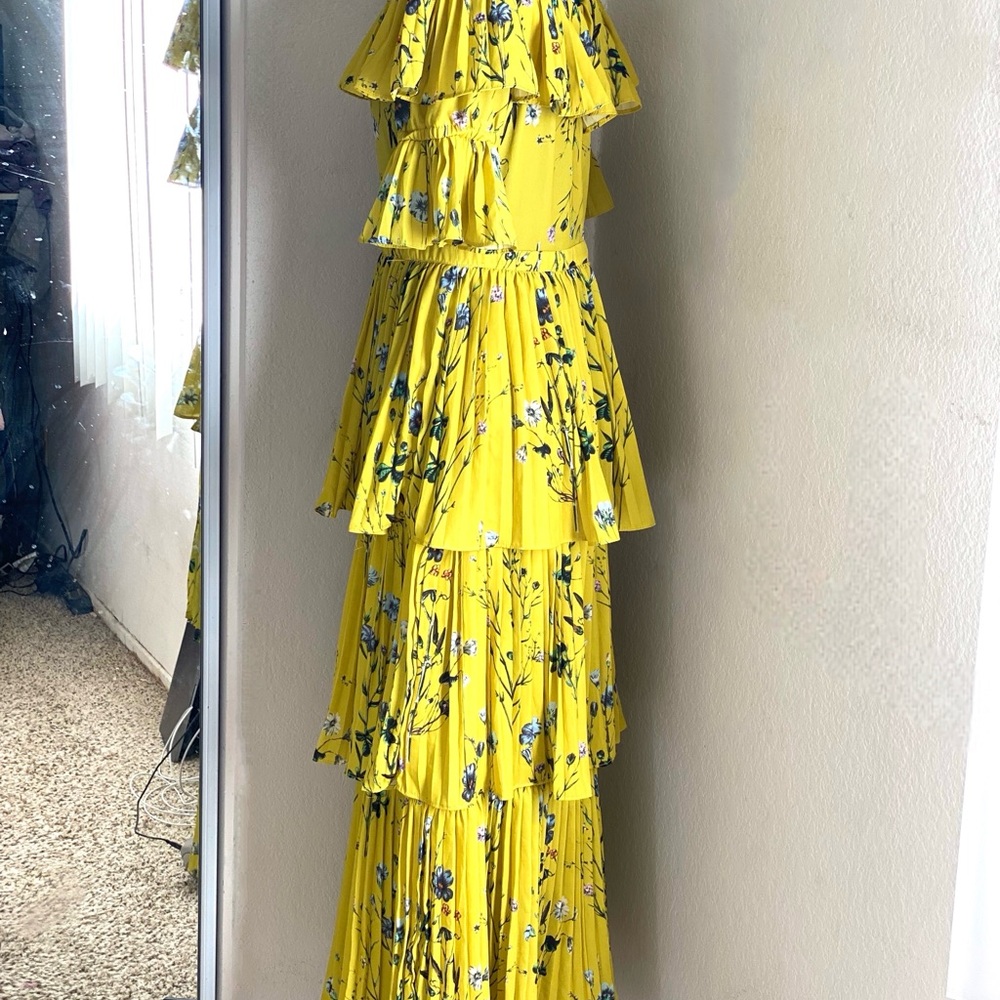 Aqua Yellow Ruffled Tiered Pleated Off-Shoulder Maxi Dress L - Picture 3 of 6